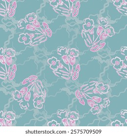 A blue and pink floral pattern is shown. The flowers are pink and the background is blue