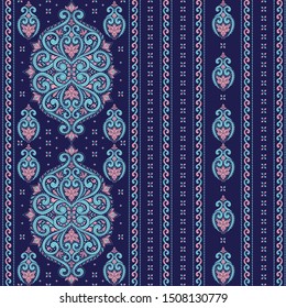 Blue and pink floral seamless pattern with ornamental stripes. Traditional oriental motifs. Vintage ornament template. Decorative paisley elements. Great for fabric and textile.