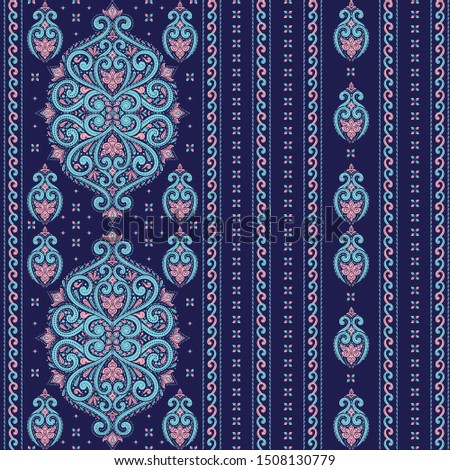 Blue and pink floral seamless pattern with ornamental stripes. Traditional oriental motifs. Vintage ornament template. Decorative paisley elements. Great for fabric and textile.