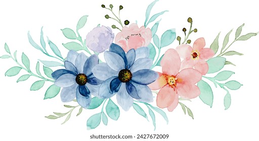 Blue pink floral watercolor bouquet for background, wedding, fabric, textile, greeting, card, wallpaper, banner, sticker, decoration etc.