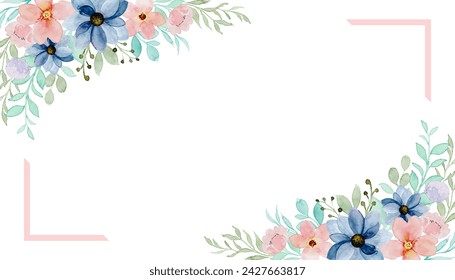 Blue pink floral watercolor frame for wedding, birthday, card, background, invitation, wallpaper, sticker, decoration etc.