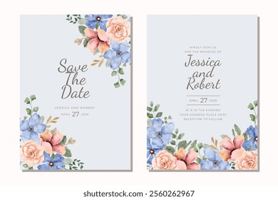 blue pink floral watercolor frame wedding invitation card