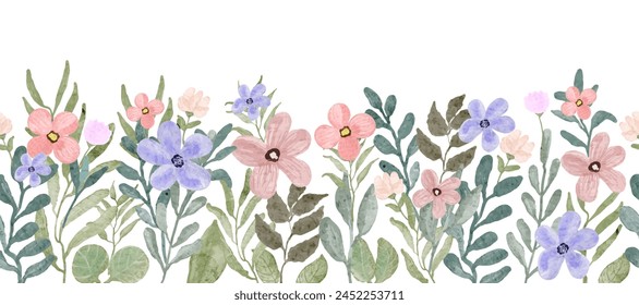 blue pink floral watercolor seamless border