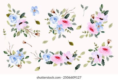 blue pink flower garden watercolor arrangement collection