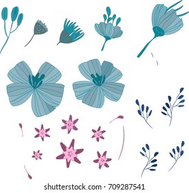 blue and pink flowers vector illustration set