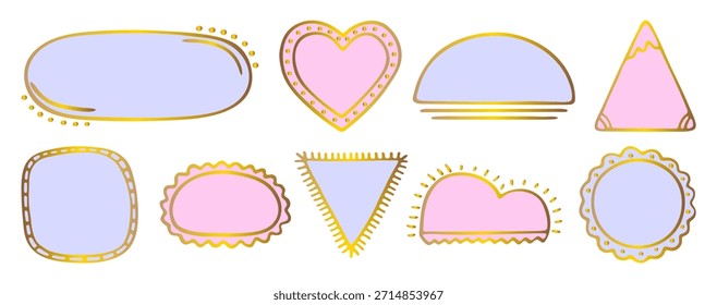 Quadros azuis e cor-de-rosa com contorno dourado, conjunto de doodle vetor desenhado à mão. Formas vazias, espaço reservado, caixa de texto, formulário de venda. Triângulo, sol, coração, oval, círculo, nuvens, quadrado