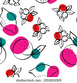 Patrón blanco transparente de vectores de fruta azul y rosa. Esbozar impresión naranja y berry. Ilustración adorable de cítricos rojos y turquesa y arándanos.