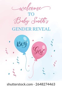 Blue and pink gender reveal welcome poster with balloons and baby elements for boy or girl party decoration or invitation