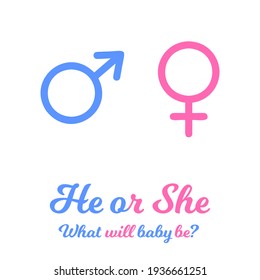 Blue and pink gender signs. Baby boy or girl coming soon. Gender reveal party invitation card or banner. Vector flat illustration.