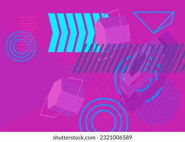 Blue and pink geometric bright simple minimal background. Vintage Geometrical theme poster, banner. Random busy retro graphic shapes template for cover design.