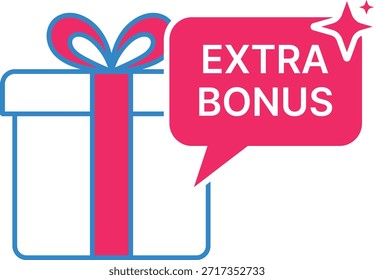 Caja de regalo azul y rosa con burbuja de discurso extra y destellos presentes
