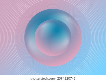 Blue pink glossy circles and radial lines abstract minimal geometric background. Vector tech design