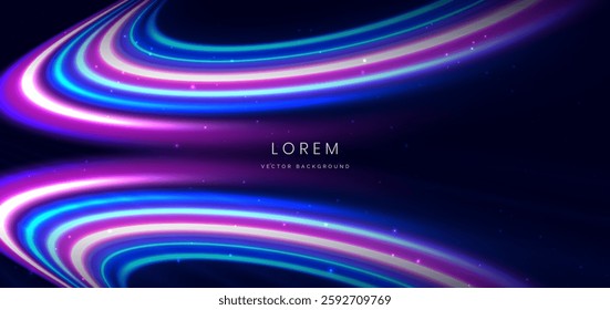 Blue and pink glowing ray curved light on dark background with copy space for text. Technology communication concept, Hi-speed night motion. Vector illustration