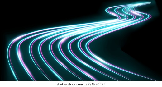 Blue and pink glowing speed stripes. Traces of movement of a car. Night city lighting with long exposure. Abstract vector illustration isolated on black background.