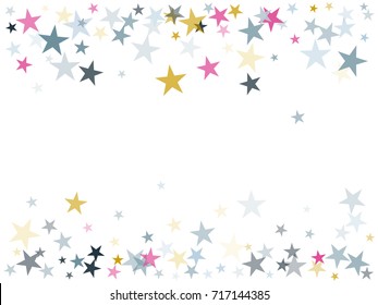 Blue pink gold flying stars confetti frame christmas vector border, premium sparkle stardust background pattern. Christmas stars background vector print, flying sparkle festive confetti. Holiday frame