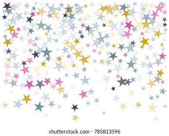 Blue pink gold flying stars confetti magic cosmic christmas vector, premium sparkle stardust background pattern. Christmas stars background vector print, flying sparkle festive confetti. Holiday decor