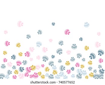 Blue, pink, gold marine or oceanic pearl scallop, mollusk cockleshell design. Vector sea shell pattern. Bivalve conch, sea shell or shellfish pattern. Seashell colorful vector isolated on white.