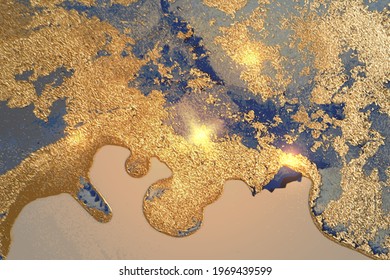 Blue, pink and gold pattern of marble texture with sparkles. Abstract vector background in alcohol ink technique. Modern paint with glitter. Template for banner, poster design. Fluid art painting