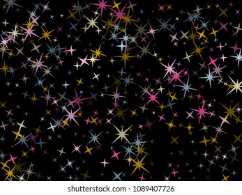 Blue pink gold vector star background sparkle pattern. Trendy colored confetti of flying stars, magic geometric sparkles stardust vector background on black. Magical party design.