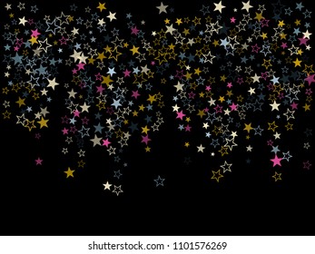 Blue pink gold vector star background sparkle pattern. Stylish colored confetti of flying stars, magic geometric sparkles stardust vector background on black. Party design with starburst.