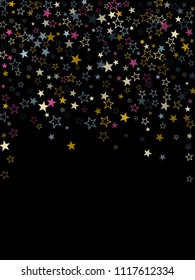 Blue pink gold vector star background sparkle pattern. Trendy colored confetti of flying stars, magic geometric sparkles stardust vector background on black. Carnival party design.