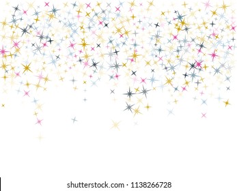 Blue pink gold vector star background sparkle pattern. Colorful confetti of flying stars, magic geometric sparkles stardust vector background on white. New Year party design.