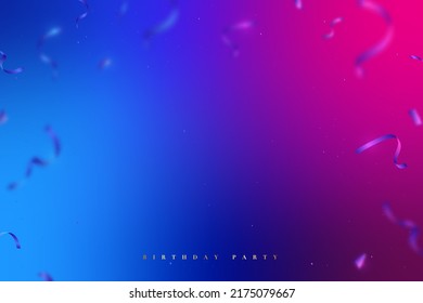 Blue and pink gradient background with blurred confetti. Fluid neon wallpaper. Vector banner for birthday party.