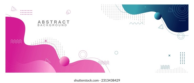 Blue and pink gradient banner with liquid color. Design with abstract halftone, shapes, simple elements