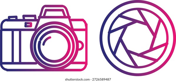A blue and pink gradient illustration of a camera and a lens on a white background, showcasing a modern and stylized design with vibrant colors and clean lines.