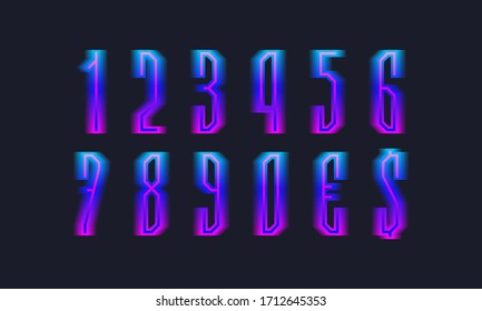Blue pink gradient isolated numbers and currency signs. Luminous display font.