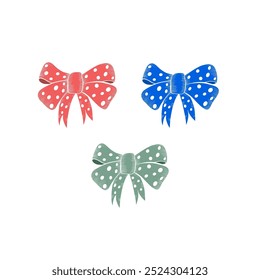 Blue, pink and green hand drawing bows. Isolated. Christmas bow. Vector illustration