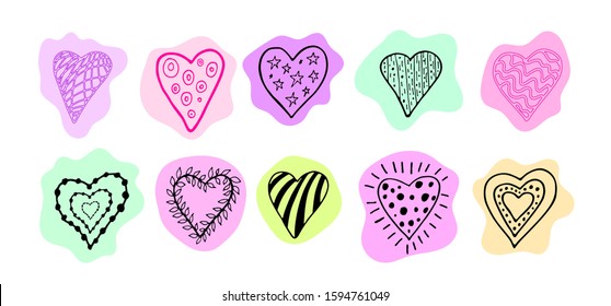 Blue, pink and green hearts set in doodle style isolated on white background. Vector stock illustration. Hand drawing line art image for Valentines Day decor.