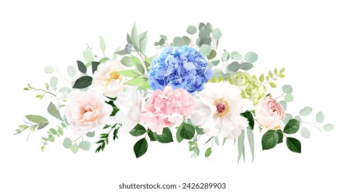 Blue, pink, green hydrangea flowers, white peony, salal, emerald greenery and eucalyptus wedding vector bouquet. Floral pastel watercolor. Blooming garden rose. Elements are isolated and editable