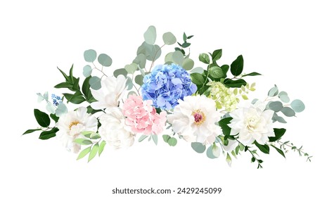 Blue, pink, green hydrangea flowers, white peony, salal, emerald greenery and eucalyptus wedding vector bouquet. Floral pastel watercolor. Blooming garden dahlia. Elements are isolated and editable