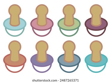 Blue, pink, green, purple and blue baby pacifier icon sheet.