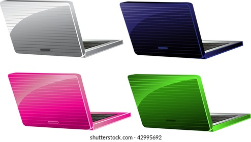 Blue, pink, green, white laptop isolated on white background