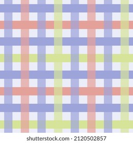 Blue, pink, greenish stripes form a checkered seamless pattern on a bluish background, transparency. Cute stylish illustration.