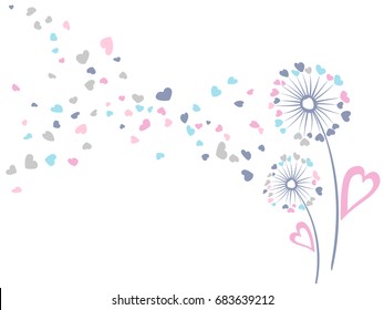 Blue, pink and grey dandelion flowers summer vector card. Heart shaped feather fluff, leaves, abstract flying petals. Meadow blow ball pattern illustration for banner, print. Love symbols design.