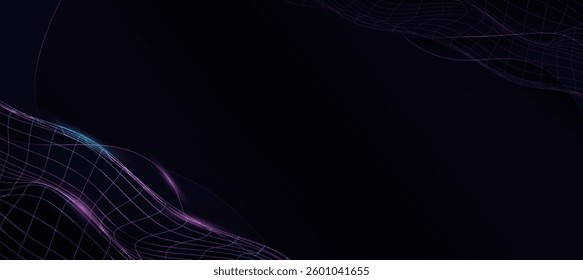 Blue pink grid wave black background. Digital data modern tech banner, corporate business concept