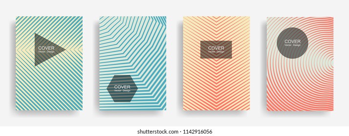 Blue pink halftone vector cover template with lines, triangle circle hexagon title places. Vector journal design geometric shape background set. Tech halftone lines hipster advert flyers collection.