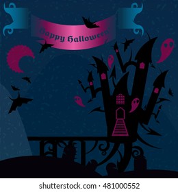 Blue and pink halloween castle with a text banner. Nice vector illustration