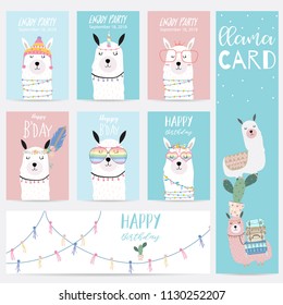 Blue pink hand drawn cute card with llama,glasses and hat