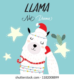 Blue pink hand drawn cute card with llama,cactus and star in merry christmas, Llama not drama