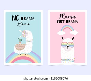 Blue pink hand drawn cute card with llama, glasses,cactus and rainbow in summer.No drama llama, Llama not drama