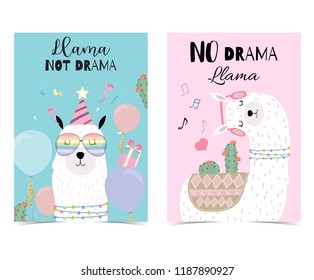 Blue pink hand drawn cute card with llama, glasses,cactus in summer.No drama llama, Llama not drama