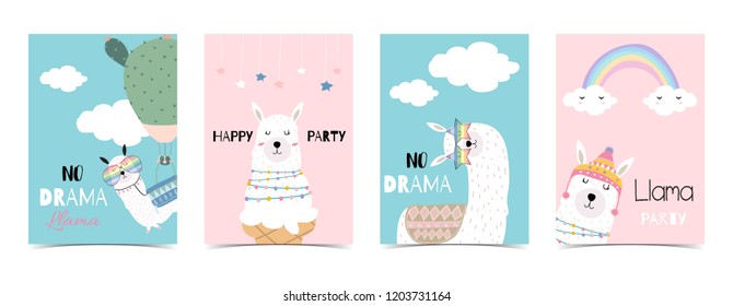 Blue pink hand drawn cute card with llama, star glasses,cactus and rainbow.No drama llama