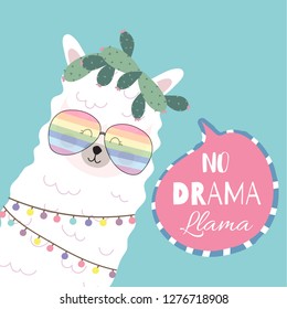 Blue pink hand drawn cute card with llama,glasses,heart.no drama llama