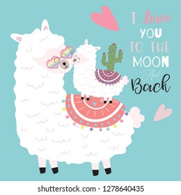 Blue pink hand drawn cute card with llama,flower,heart.I love you to the moon and back