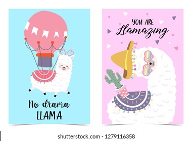 Blue pink hand drawn cute card with llama,balloon,hat,heart.No drama llama. you are llamazing