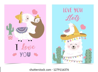 Blue pink hand drawn cute card with llama,sloth,hat,heart.I love you.Love you llots